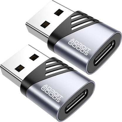 Twee compacte USB naar USB-C adapters van metaal met AdroitGoods logo in professionele stijl