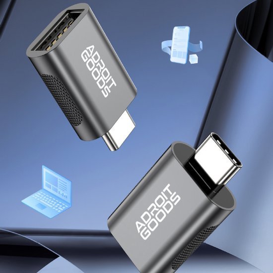 USB-C naar HDMI adapter van zwart gestructureerd metaal met AdroitGoods logo zichtbaar