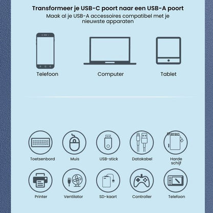 Overzicht van USB-C naar USB-A adapter compatibiliteit met telefoon, computer en tablet