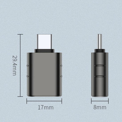 USB-C naar USB-A adapter met afmetingen 29,4 mm bij 17 mm en 8 mm breed