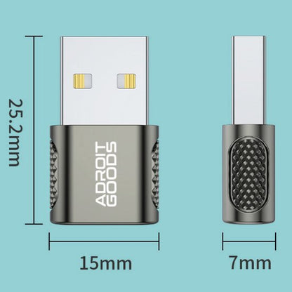 grijze usb adapter met zwarte grip en afmetingen 25,2 x 15 x 7 millimeter