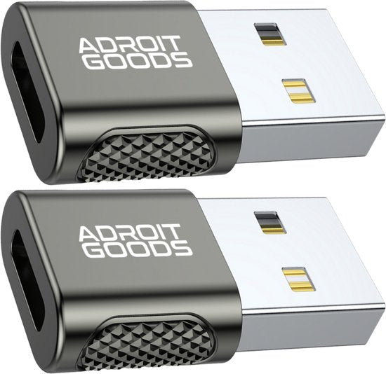 twee zwarte AdroitGoods USB-adapters met metalen connector en gripstructuur aan zijkant