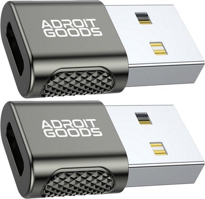 twee zwarte AdroitGoods USB-adapters met metalen connector en gripstructuur aan zijkant