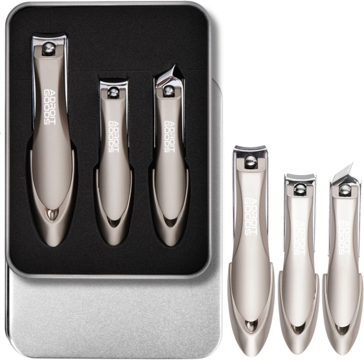 Set van zes zilverkleurige nagelknippers in een metalen doos met zwart schuimrubberen inzetstuk