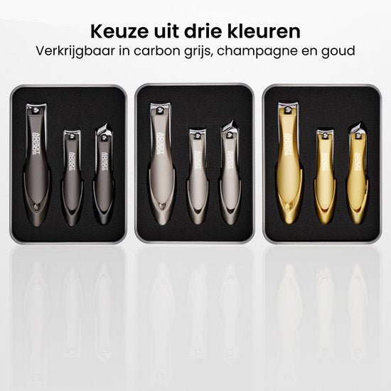 Drie sets nagelknippers in carbon grijs, champagne en goud kleur in geschenkverpakking.