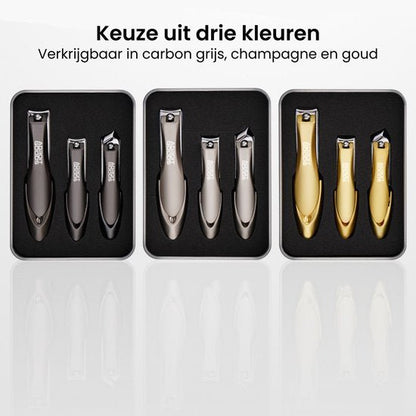 Drie sets nagelknippers in carbon grijs, champagne en goud kleur in geschenkverpakking.