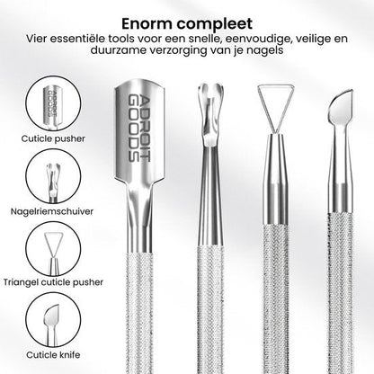 Vier roestvrijstalen nagelverzorgingstools voor veilige en duurzame verzorging van nagels