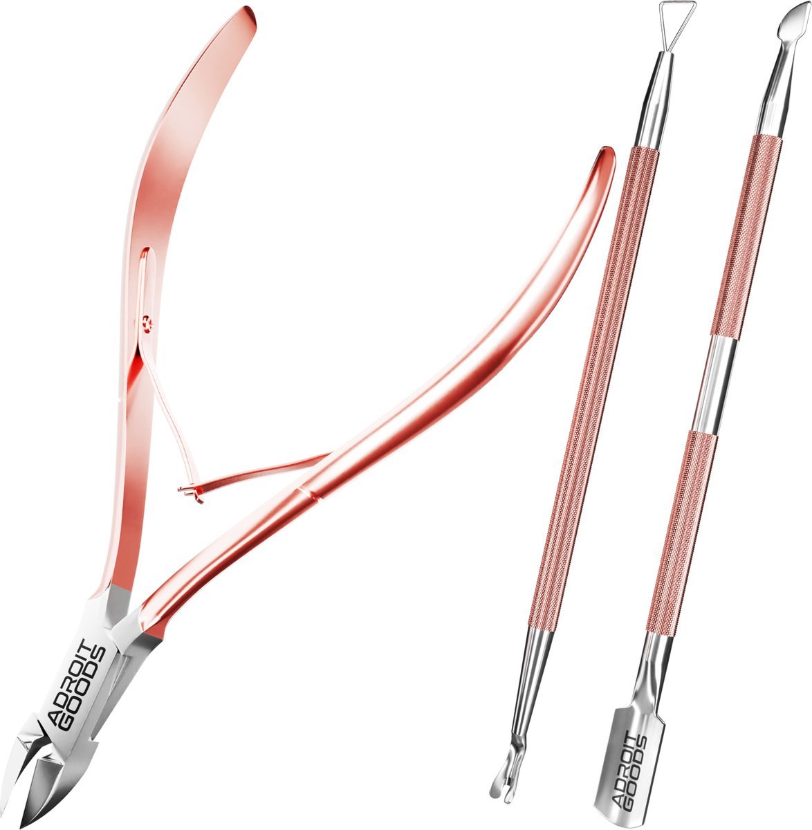 Roze metalen nagelknipper en twee roestvrijstalen manicure-stalen met griptextuur.