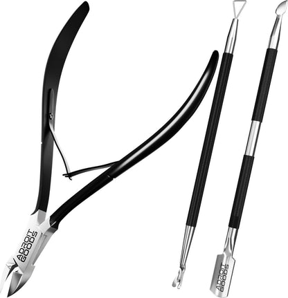 Zwarte roestvrijstalen nagelriem kniptang met twee metalen nagelriemduwers