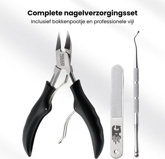 nagelverzorgingsset met zwarte tang, metalen vijl en roestvrijstalen schoonmaakstaafje