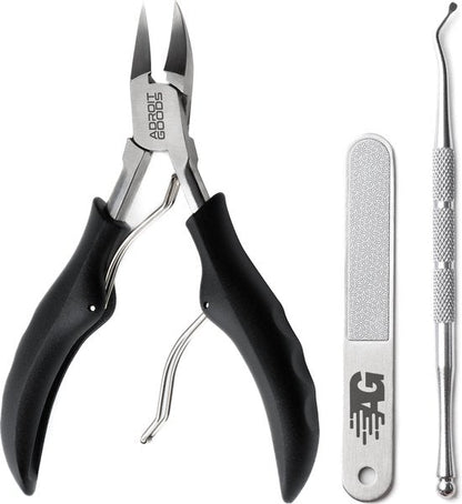 nagelknipper met zwart handvat, metalen nagelvijl en roestvrijstalen huidriemverwijderaar