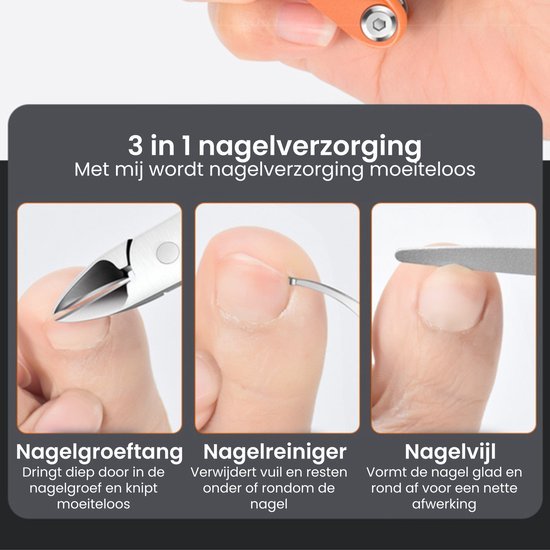 Hand met oranje nagelverzorgingsgereedschap en close-ups van nagelknipper, reiniger en vijl