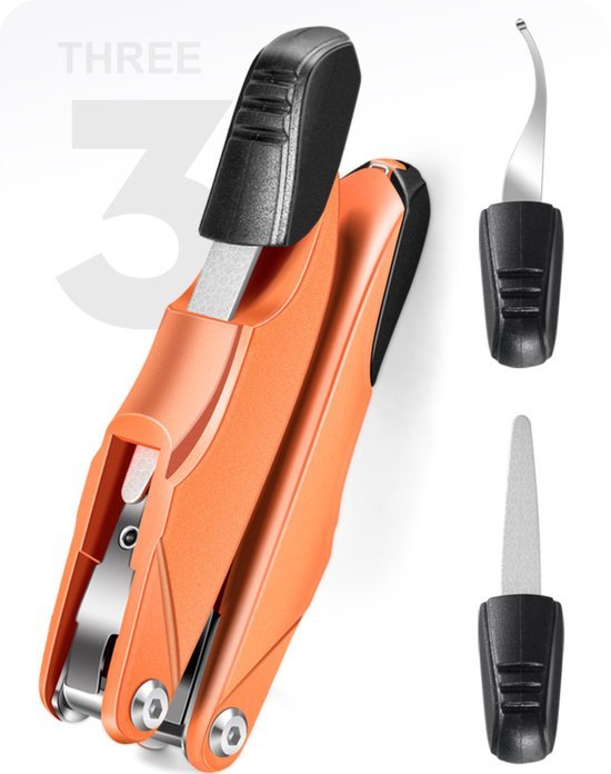 oranje multifunctioneel gereedschap met zwarte handvatten en twee verwisselbare opzetstukken