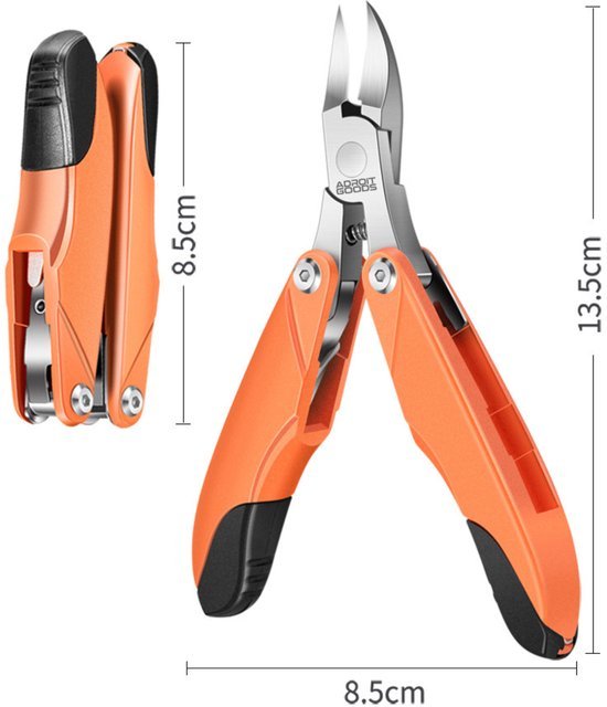 Oranje multitool kniptang met ergonomische handgrepen en compact opvouwbaar ontwerp