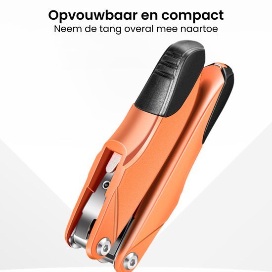 Opvouwbare compacte tang in oranje en zwart met inklapbaar ontwerp voor draagbaarheid