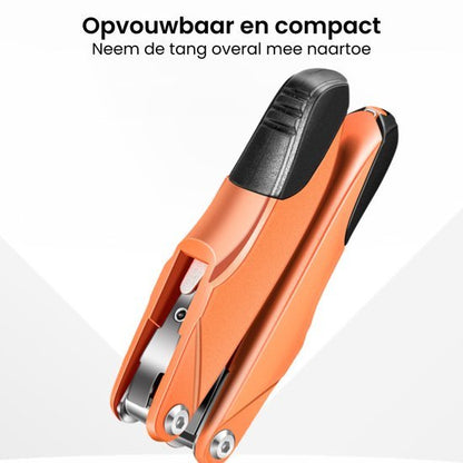 Opvouwbare compacte tang in oranje en zwart met inklapbaar ontwerp voor draagbaarheid