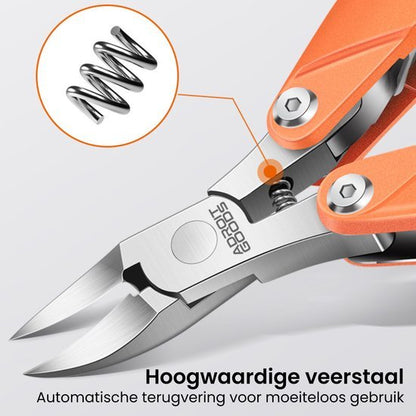 Detail van een oranje tang met een roestvrijstalen veermechanisme voor soepele bediening