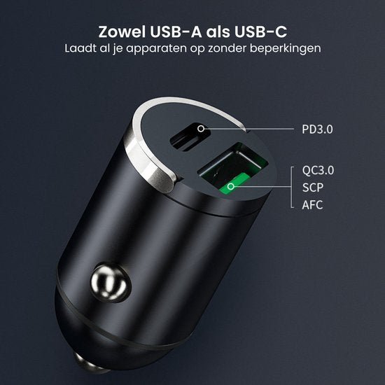 Zwarte autolader met USB-A en USB-C poorten en snelle laadtechnologieën PD3.0, QC3.0, SCP, AFC