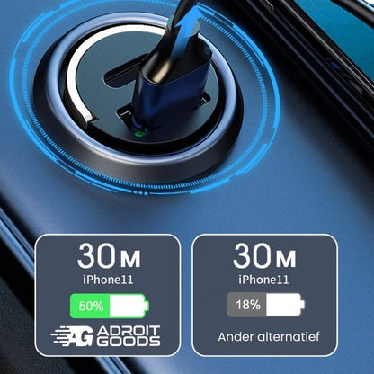 Draadloze oplader die snel en efficiënt een iPhone 11 oplaadt met duidelijke batterijstatus.