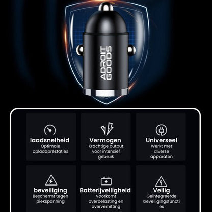 zwarte autolader met AdroitGoods logo en kenmerken zoals snel opladen en veiligheidssignalering