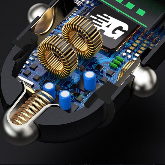 Detail van een elektronisch circuit met spoelen, condensatoren en een zwart plastic behuizing