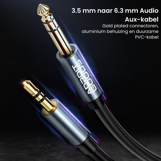 Zwarte audioadapter met goudkleurige connectoren en duurzame aluminium behuizing