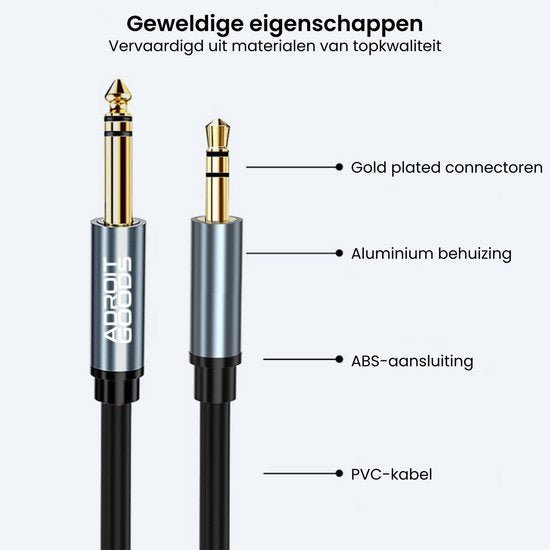 Audiokabel met goudkleurige connectoren, aluminium behuizing en PVC-kabel