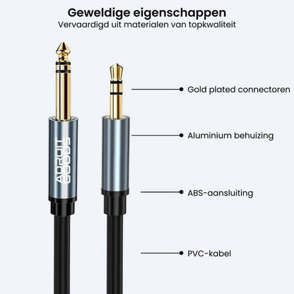 Audiokabel met goudkleurige connectoren, aluminium behuizing en PVC-kabel