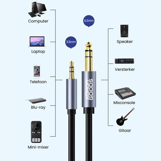 Audio kabel met 3,5 mm en 6,5 mm jack voor diverse apparaten en muziekapparatuur verbinden.
