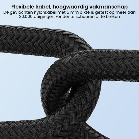 Zwarte gevlochten nylonkabel met knoop, getest op flexibiliteit en duurzaamheid tegen breken