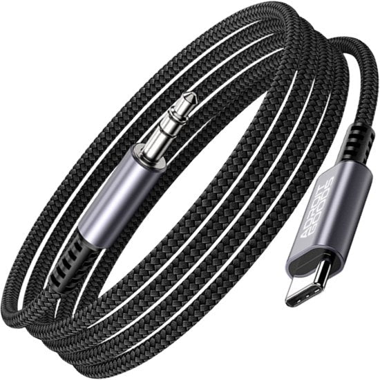 Zwart gevlochten audiokabel met USB-C aansluiting en 3,5 mm koptelefoonaansluiting