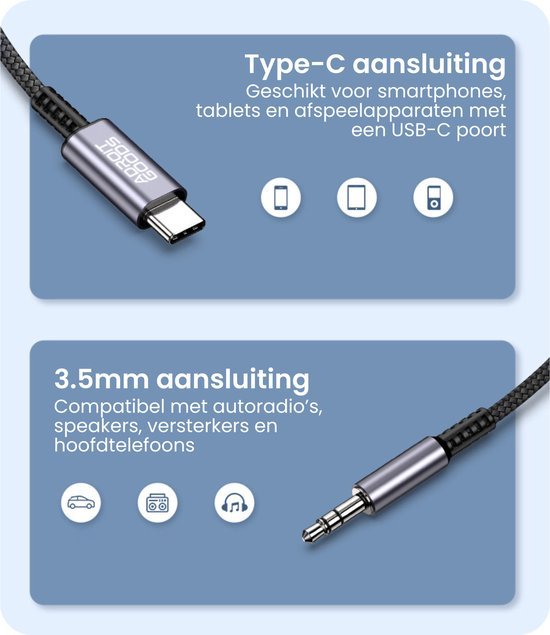 Type-C en 3,5mm kabel met metalen behuizing, geschikt voor diverse apparaten zoals smartphones en autoradio’s