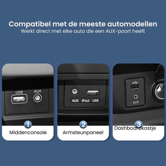 Drie verschillende automodules met USB- en AUX-poorten voor aansluiting in diverse delen van de auto