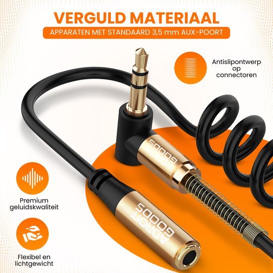 zwart oprolbaar audiokabel met goudkleurige connectoren en veerbescherming