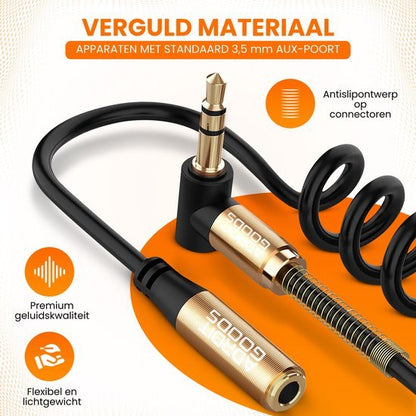 zwart oprolbaar audiokabel met goudkleurige connectoren en veerbescherming