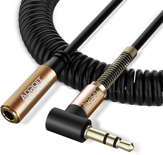 Zwarte spiraalkabel met goudkleurige AdroitGoods 3,5 mm audio jack connectoren en veerbescherming