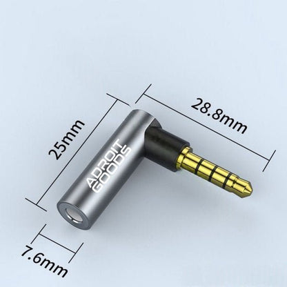 Metalen hoekadapter met 3,5 mm vergulde stekker en afmetingen voor precieze pasvorm