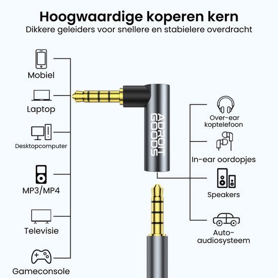 hoekige 3,5 mm audioadapter met dikkere koperen geleiders voor verschillende apparaten