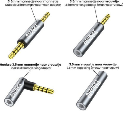 Vier verschillende soorten AdroitGoods 3.5mm audioadapters in diverse aansluitvormen en richtingen.