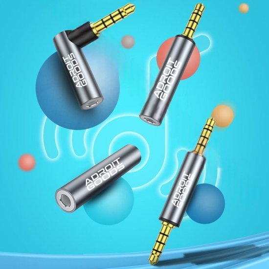 Vier variaties van metalen audio-adapters met goudkleurige connectors op een blauwe achtergrond