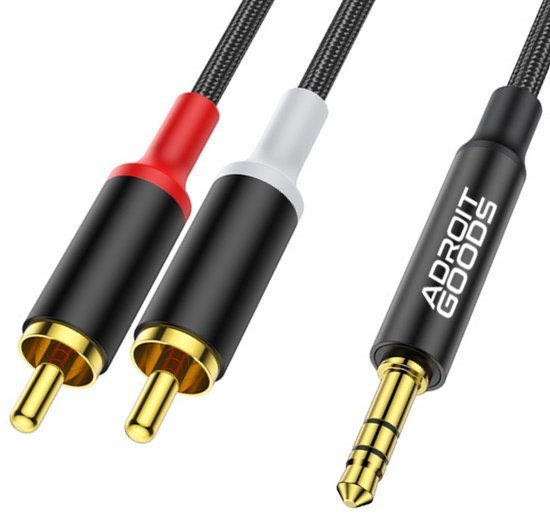 zwarte audiokabel met goudkleurige pluggen en rode en witte markeringen in professioneel ontwerp