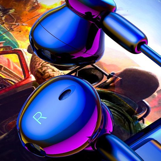 blauwe en paarse oordopjes tegen kleurrijke actie achtergrond met soldaat en voertuigen