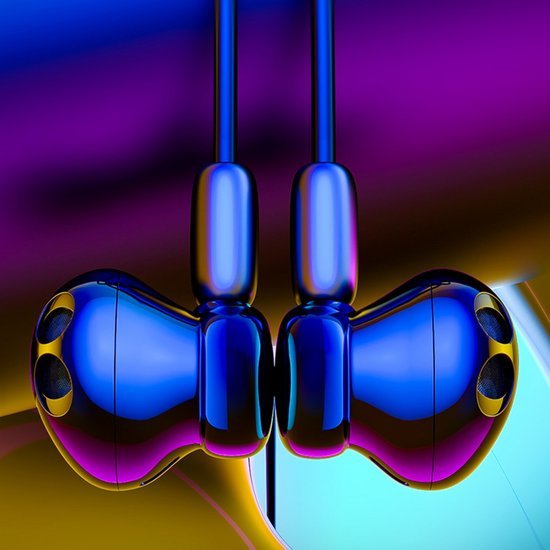 glanzende blauwe oordopjes symmetrisch tegenover elkaar met kleurrijke achtergrond