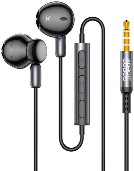 zwarte oordopjes met bedieningsknoppen en kabel met goudkleurige 3,5 mm audiojack van AdroitGoods