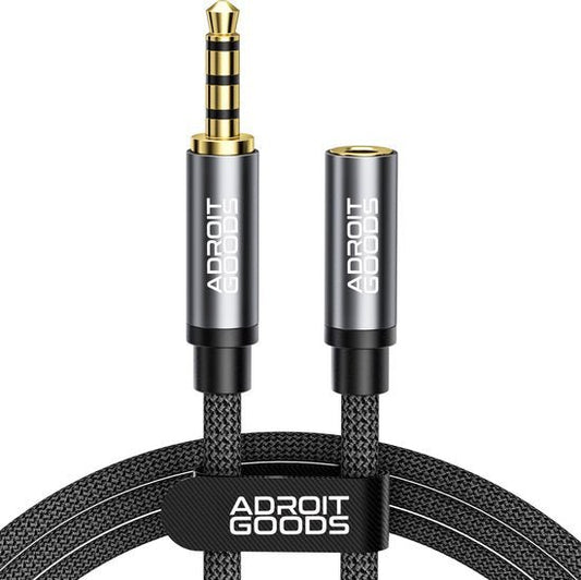 AdroitGoods audio verlengkabel met gevlochten band en metalen connectoren in zwart en goud