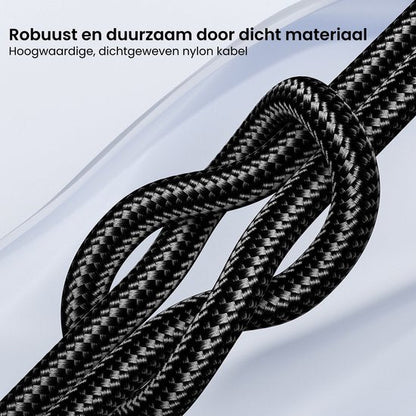 Zwarte, dichtgeweven nylon kabel knoop met robuuste en duurzame structuur zichtbaar.