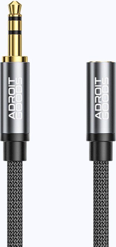 grijze gevlochten audiokabel met gouden 3,5 mm stekker en AdroitGoods merknaam