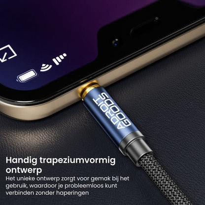 Close-up van een blauwe AdroitGoods kabel met trapeziumvormige stekker verbonden met een smartphone