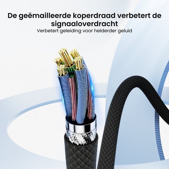 Gesloten kabel met meerdere fijngegaineerde koperdraadjes in een zwarte omhulling voor signaaloverdracht