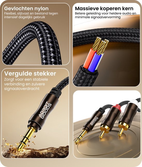 gesplitste close-up van gevlochten kabel, koperen kern en vergulde stekkers van audiokabel